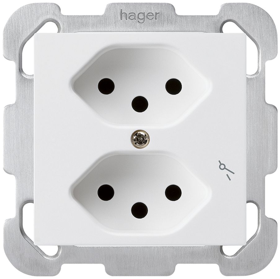 UP-Steckdose kallysto 2×T13/1 weiss mit Kinderschutz mit Befestigungsplatte