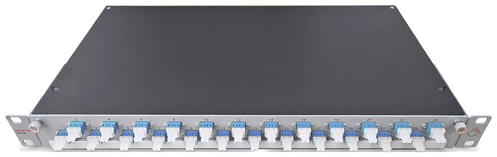 Spleissbox 19" Dätwyler OV-CH 24×LCD/PC blau OS2 versetzt 1HE Silber