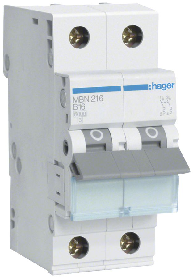 Leitungsschutzschalter Hager MCB 2P 415V Typ B 16A Icn 6kA 2TE