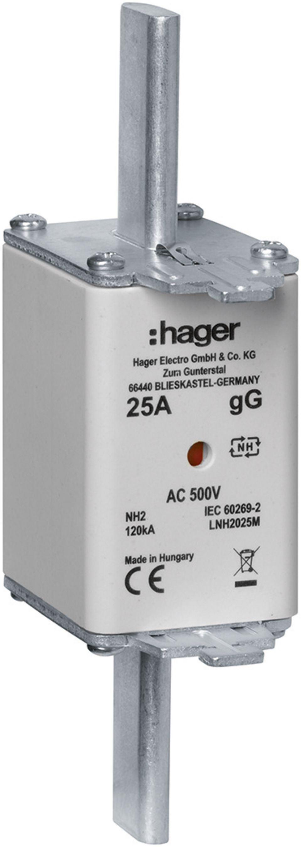 Fusible HPC Hager DIN2c 500VAC 25A gG/gL avertisseur double antirouille