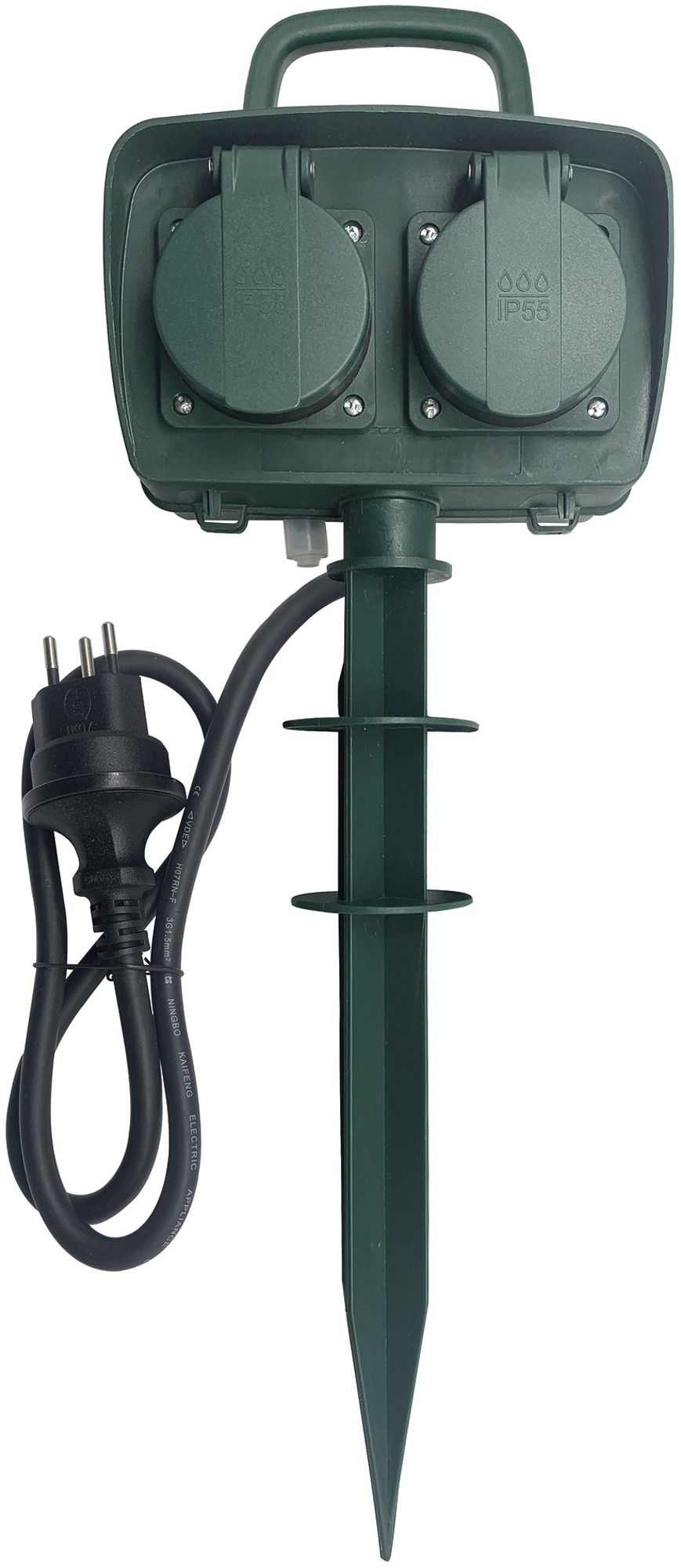 Gartensteckdose 4×T13, 230V 10A, Kabel 5m, Stecker T13, IP55, Erdspiess, grün