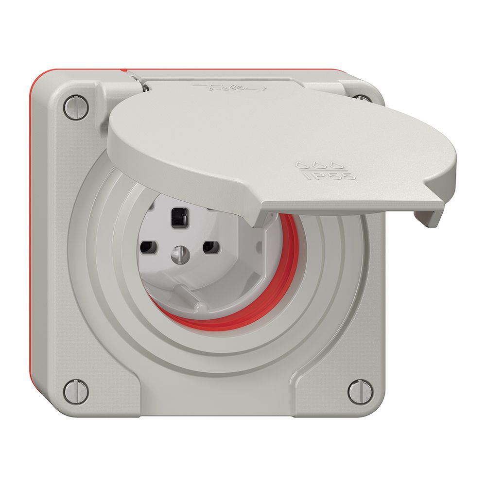 Steckdose NEVO N.CO 1×T25, IP55 gemäss SN 441011, m.roter Dichtung, lichtgrau