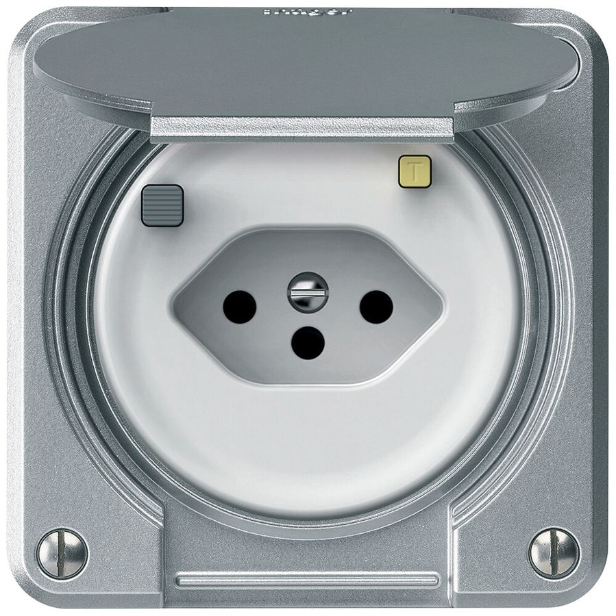 Presa FI robusto 1×T13 30mA 10A 250V 86×86mm IP21 alluminio