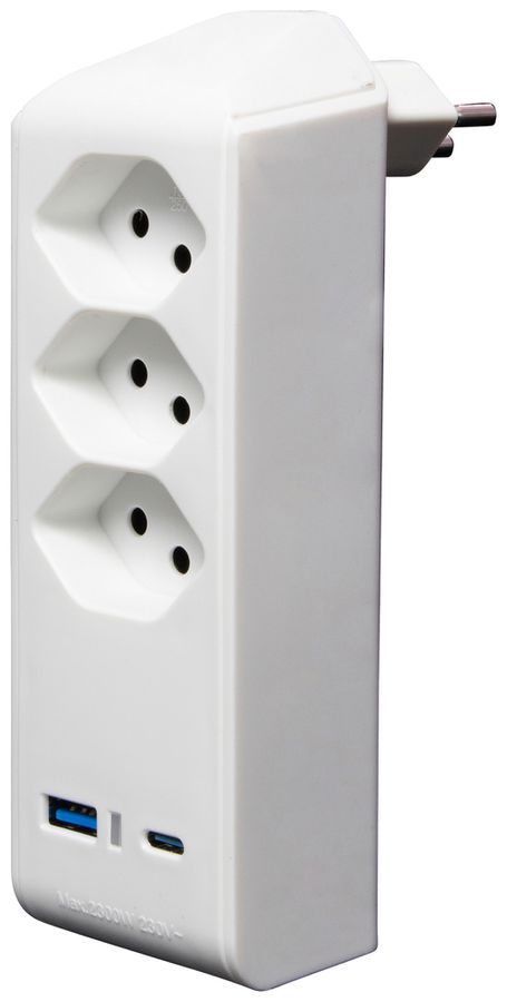 Fiche de dérivation cleverLINE 3×T13 1×USB-A 1×USB-C 300° sans suspension blanc