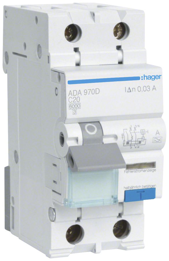 Disgiuntore differenziale Hager RCBO 2P 240V car.C 20A 0.03A tipo A 6kA 2UM