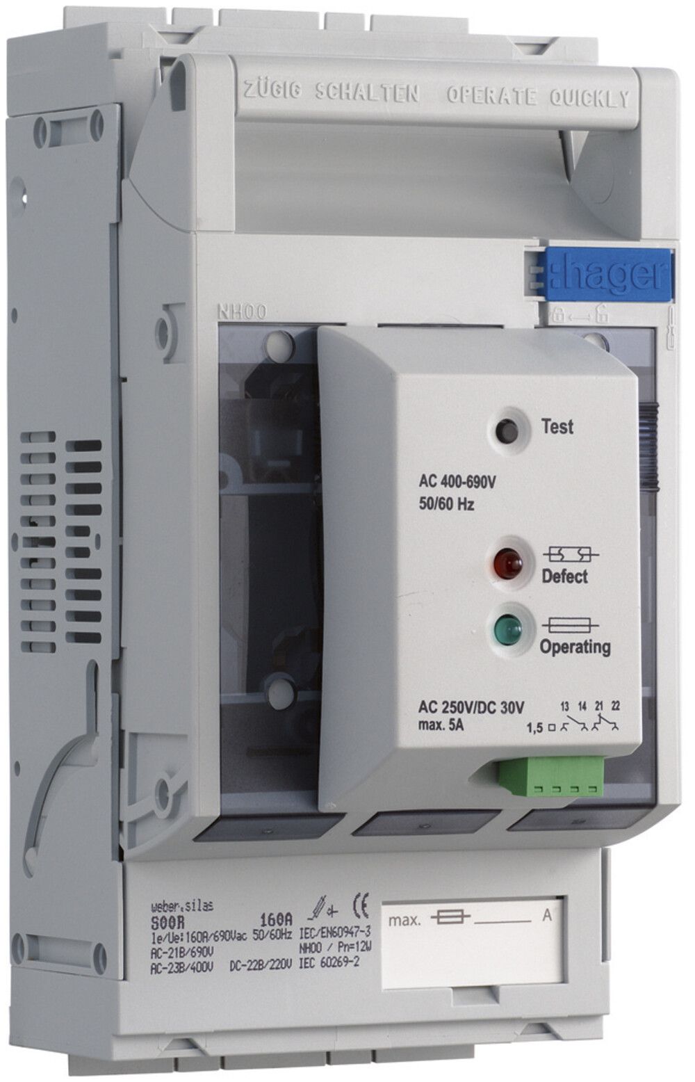 Sezionatore HPC weber.silas DIN00 690VAC 160A parete/profilo cont.fus.mors.95mm²