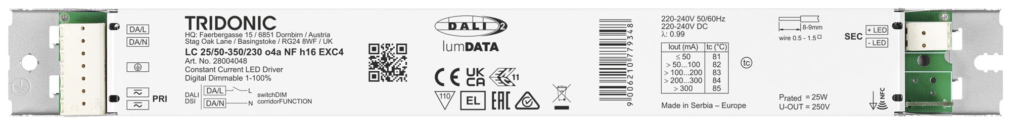 Alimentation LED Tridonic LC NFC EXC4 11.5…25W 45…230V 50…350mA DALI 280×30×16mm