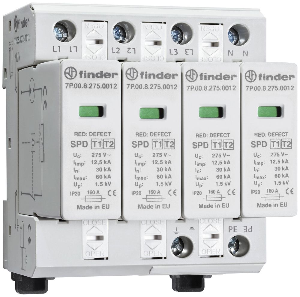 REG-Überspannungsableiter Finder 7P.05, Typ 1+2, 3L/N 160A, TN-S