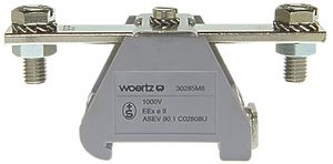 Borne de passage joignable Woertz 95mm² 232A 750V boulon 2×1 rail DIN 35mm gris