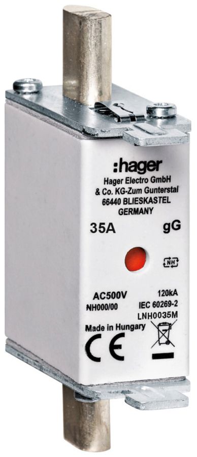 Fusible HPC Hager DIN000 500VAC 35A gG/gL avertisseur double antirouille