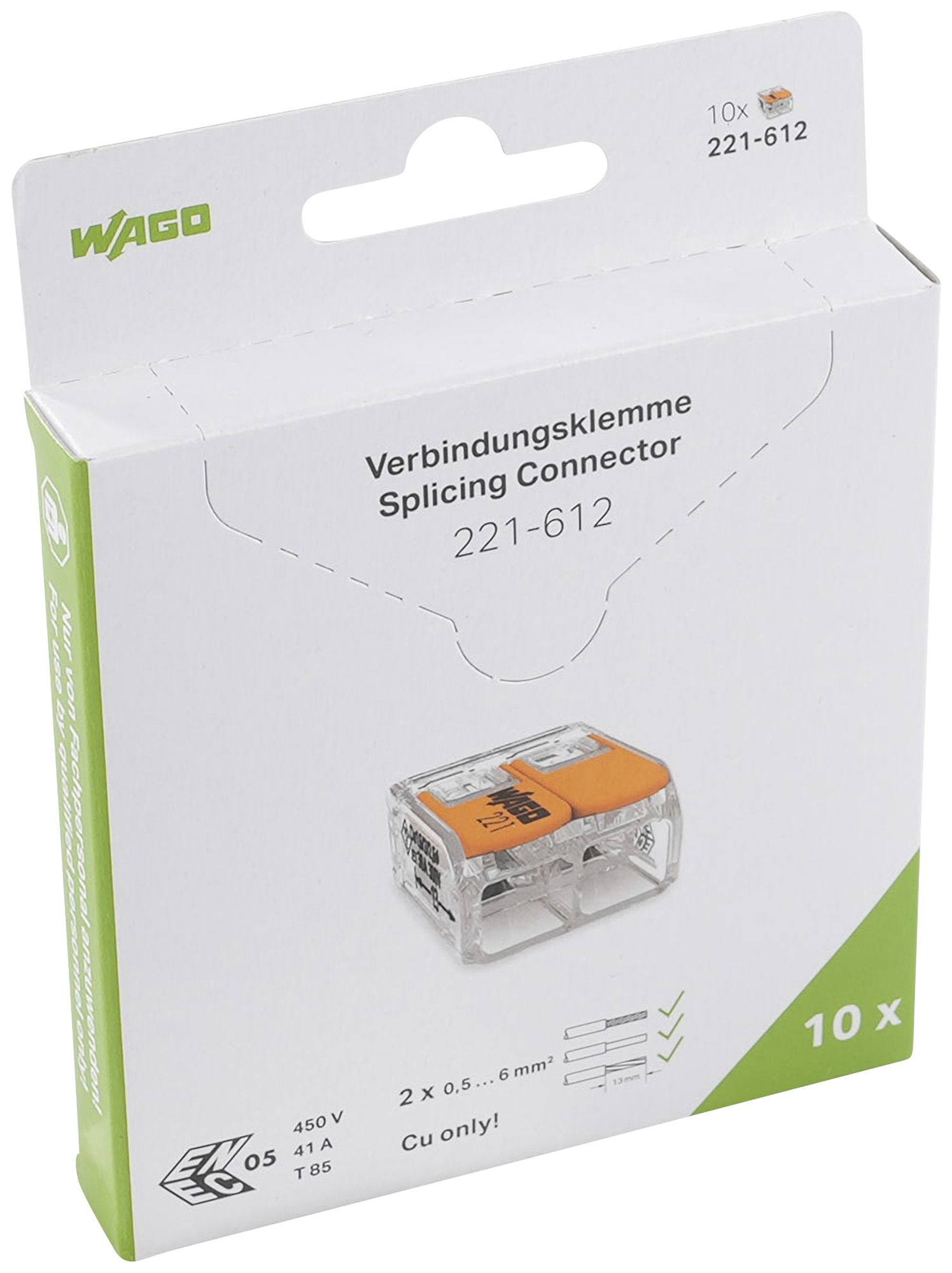 Borne de connexion WAGO 221 2×0.5…6mm² levier 41A 450V orange transparent