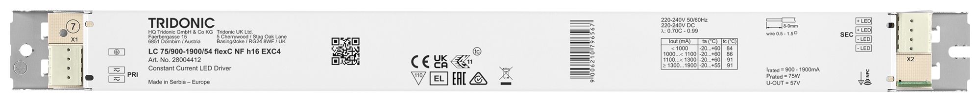 LED-Betriebsgerät Tridonic LC NFC EXC4 48.6…75.1W 15…54V 900…1900mA 360×30×16.3