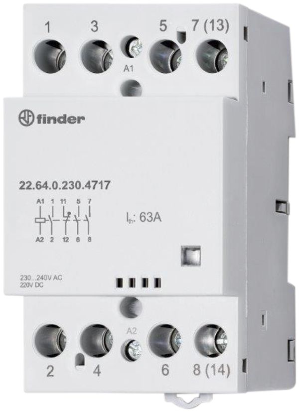 REG-Schütz Finder 22.64, 3S+1Ö 63A/12VUC AgSnO2, Anzeige, 3TE