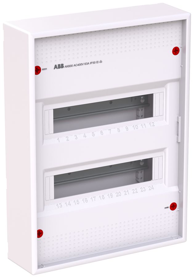 Distributore AP ABB AK624N3, 2 file, 24UM, 453×339×99mm, bianco