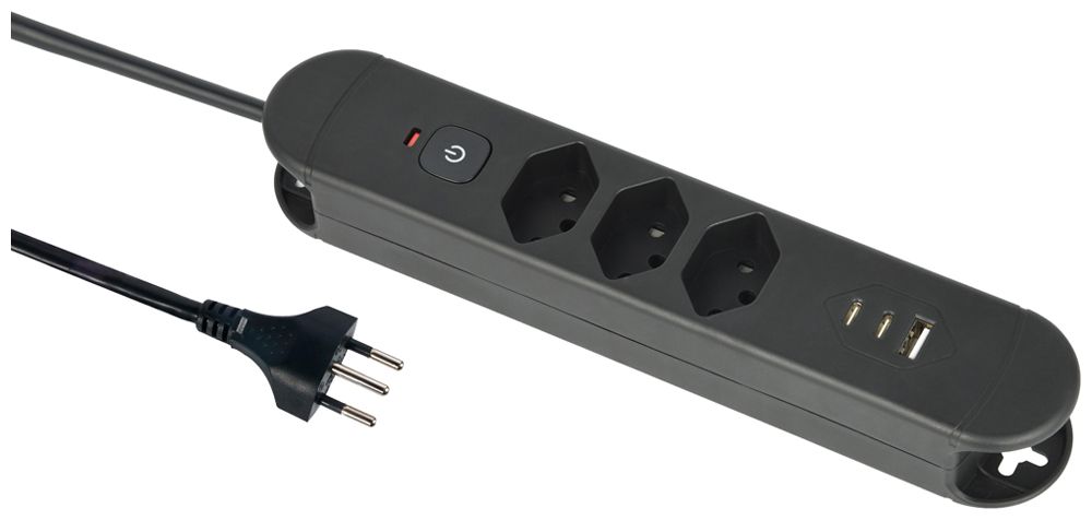 Prise multiple Re:Life 10A avec interrupteur EN/HORS 3×T13 3×USB 1.8m noir