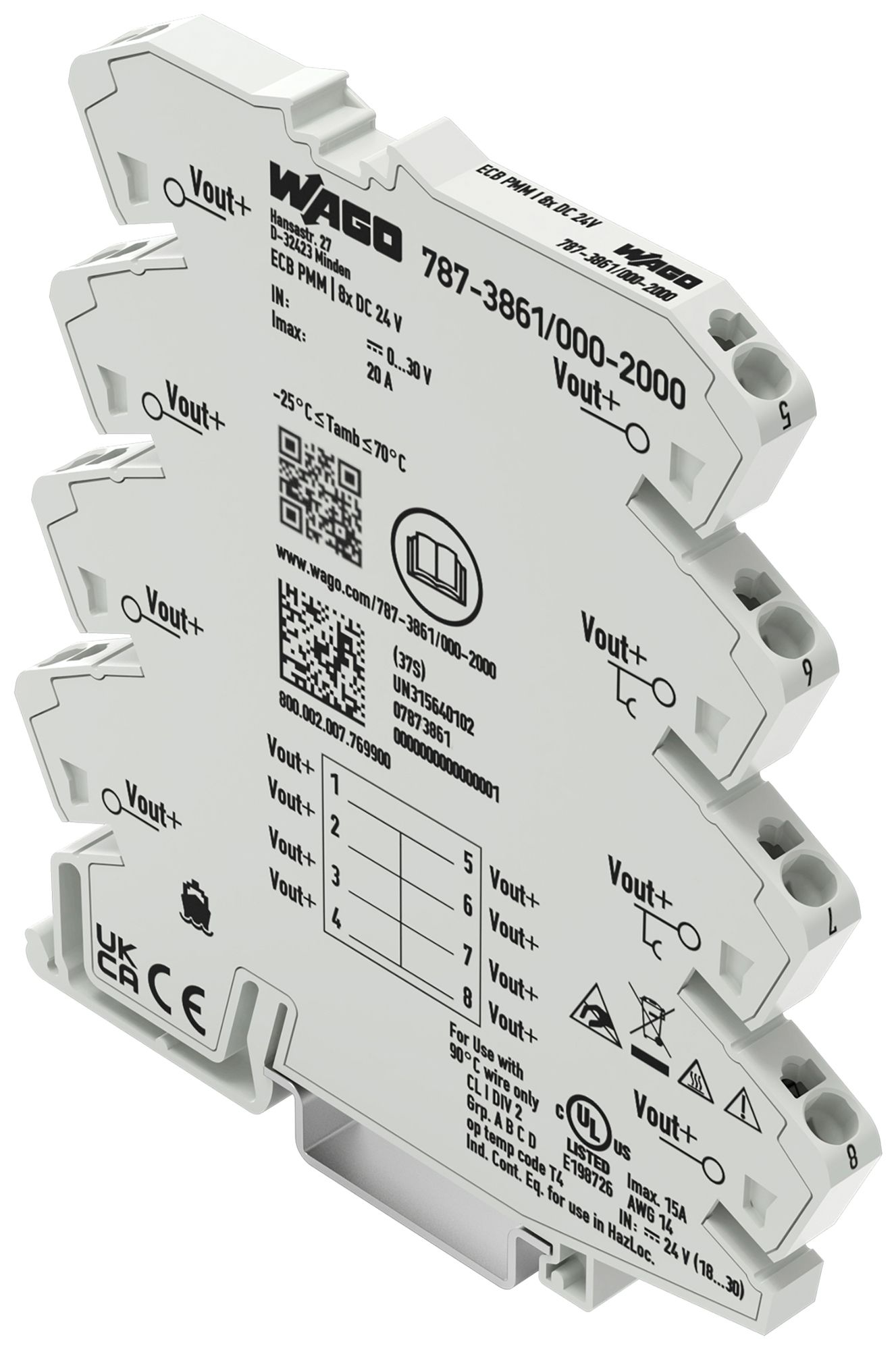 Potenzialverteiler WAGO Hutschiene TH35 8P 24V 20A 8×24VDC
