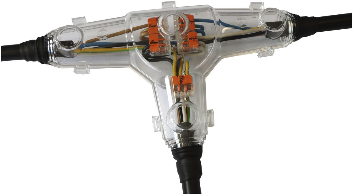 Abzweigmuffe Cellpack T1 mit WAGO 221-413 3×4mm²