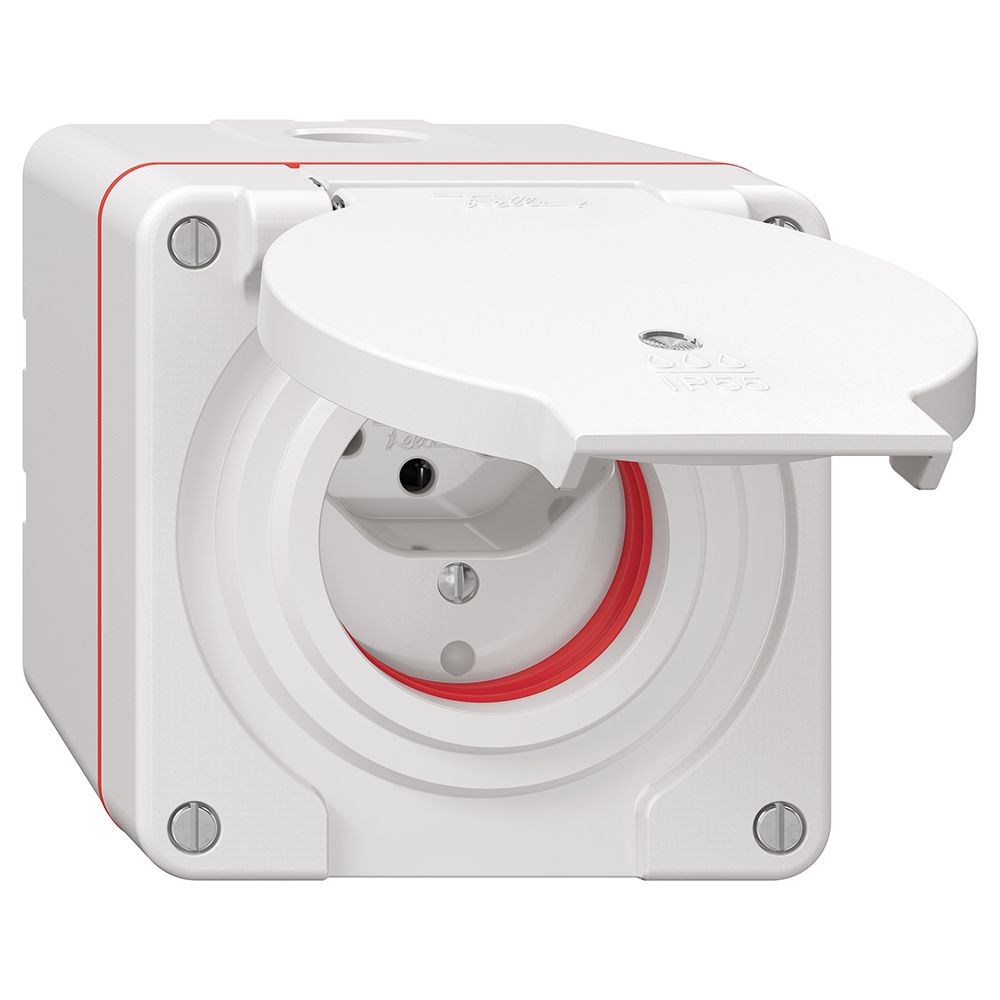 NAP-Steckdose NEVO, 1×T13, IP55 gemäss SN 441011, m.roter Dichtung, m.LED, weiss