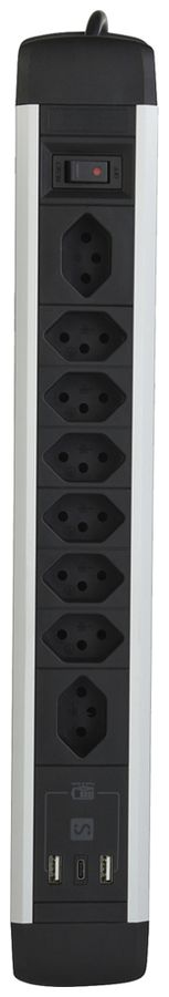 Prise multiple ALU 8×T13 2×USB-A/1×USB-C 2m 3×1mm² interrupteur noir/aluminium