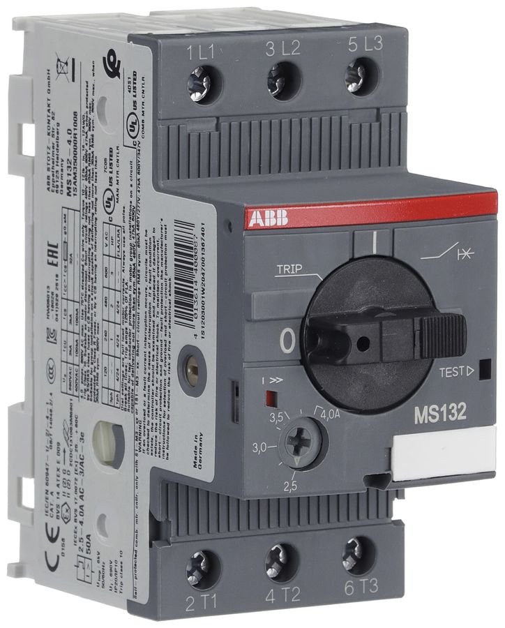 Salvamotore AMD ABB MS132, 1.5kW AC-3 (2.5…4A) 3L a vite