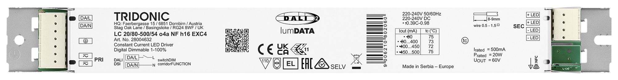 Alimentation LED Tridonic LC 1.2…20W 60V 80…500mA DALI DSI VAR 280×30×16mm