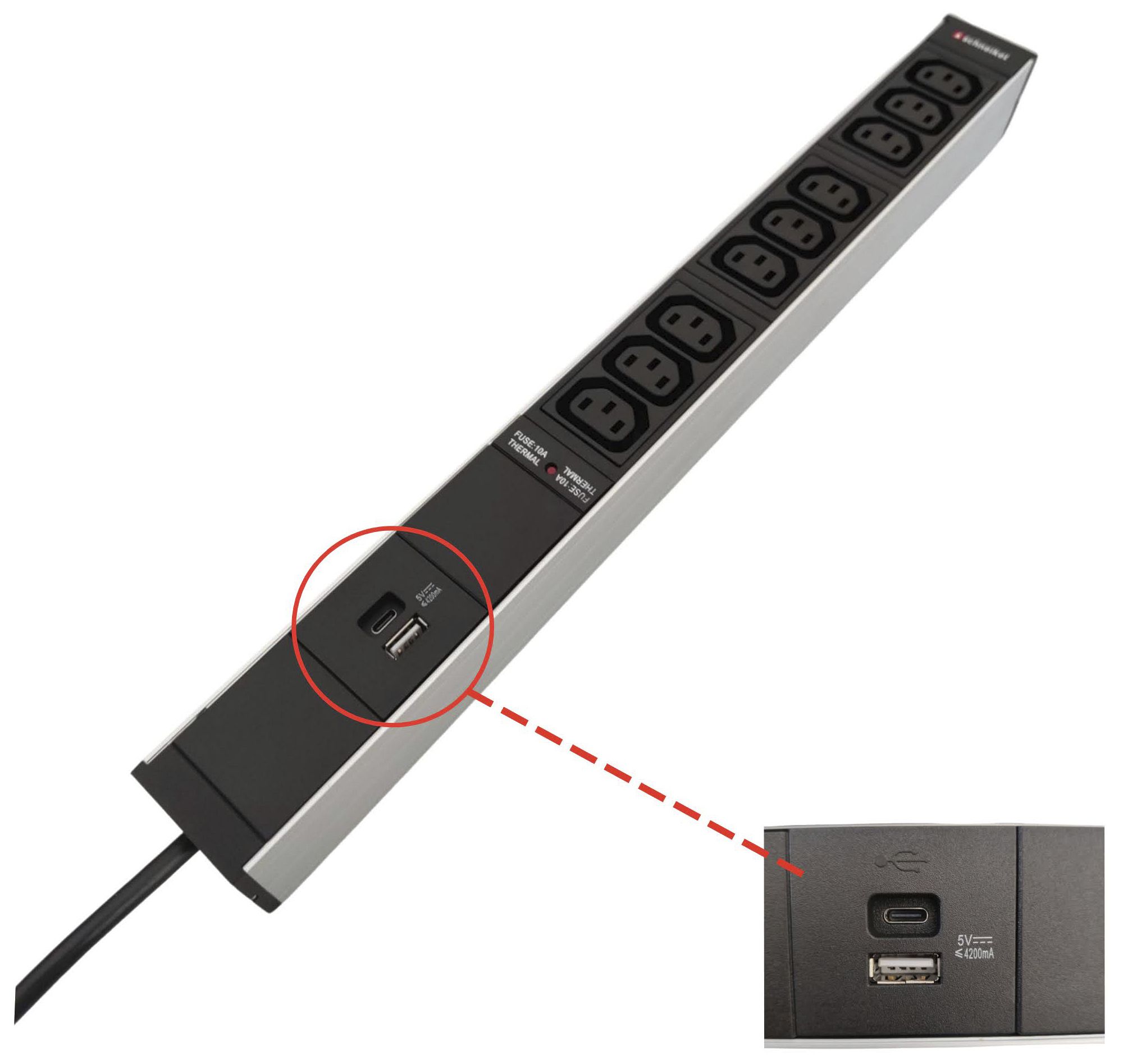 Prise multiple 19" 1UH 9×C13/1×USB-A/1×USB-C, Td3×1mm² 3m C14, F=10A, noir