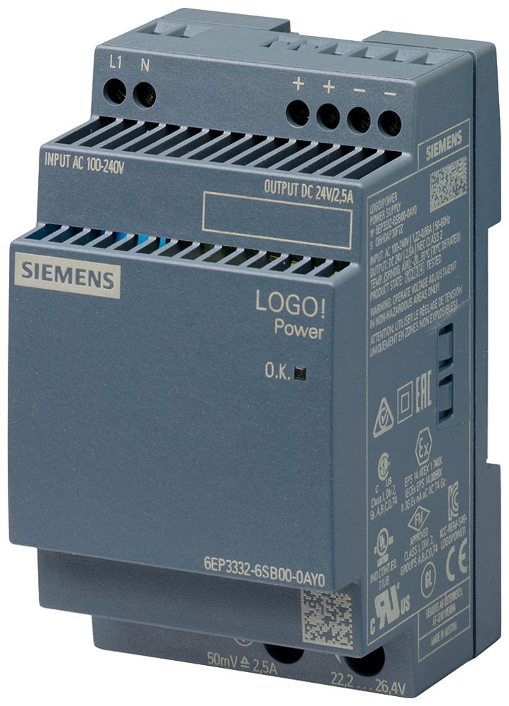 Stromversorgung Siemens LOGO!POWER, IN:100…240VAC, OUT:24VDC/2.5A, 3TE