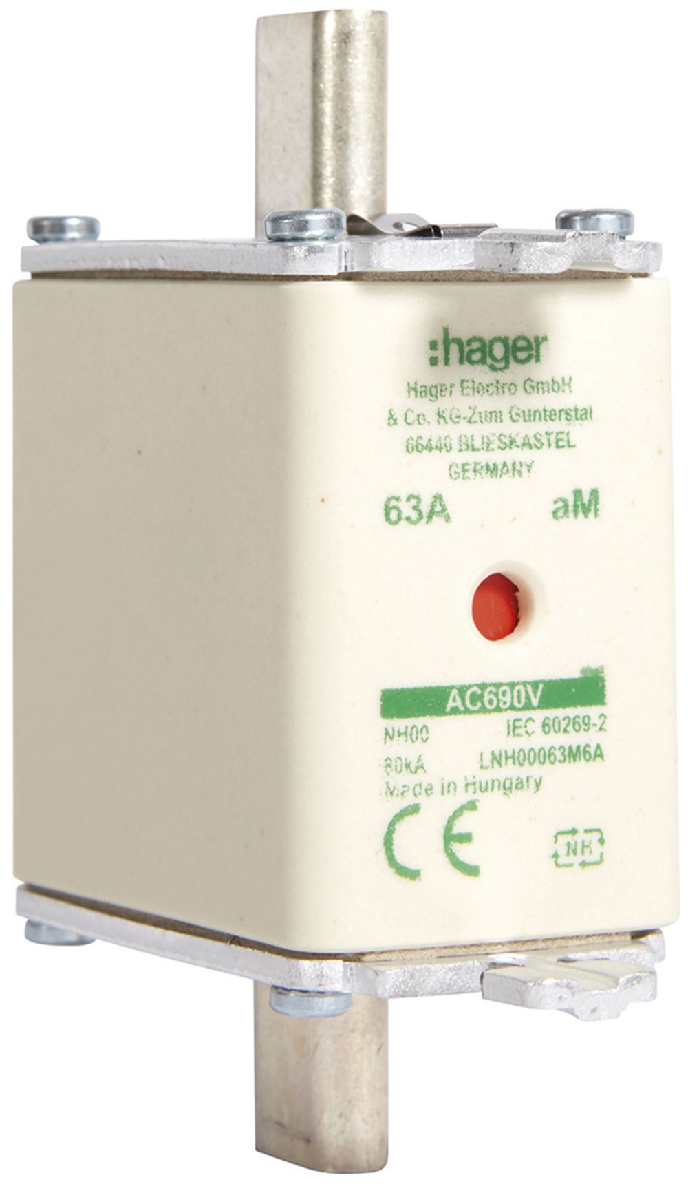 Fusible HPC Hager DIN00 690VAC 63A aM avertisseur double inoxydable