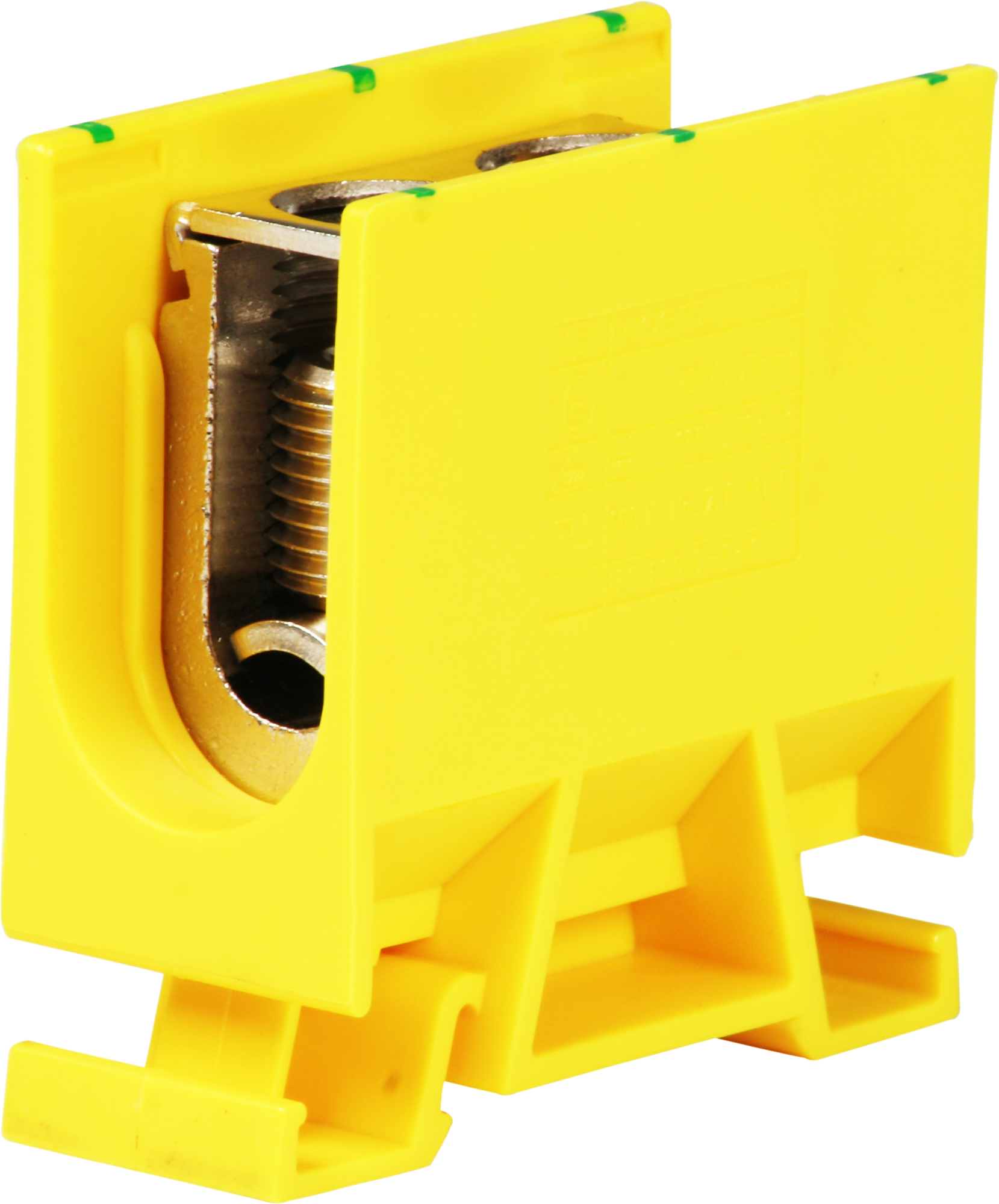 Abzweigklemme Woertz 35…70mm² 192A 800V Schraubanschluss 2×1 TH35 grün/gelb