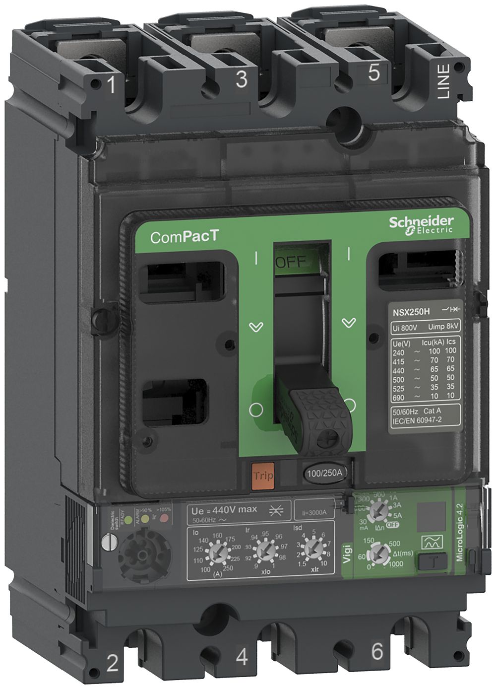 Disjoncteur de puissance ComPacT NSX250F avec MicroLogic4.2 3P3d 90…250A 36kA