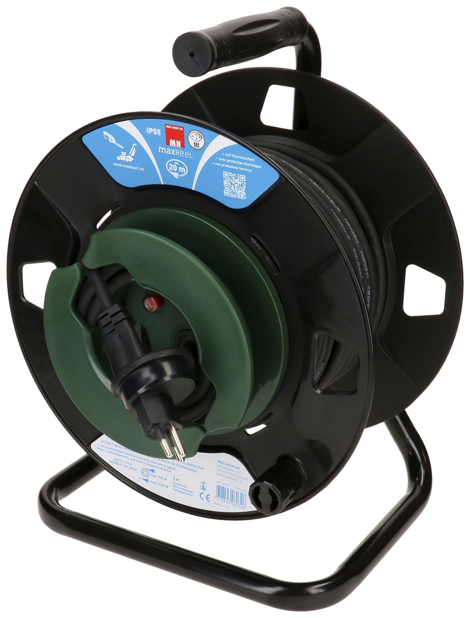 Kabelrolle MH maxReeL 1×T13 3×1mm² 20m IP55 schwarz/grün