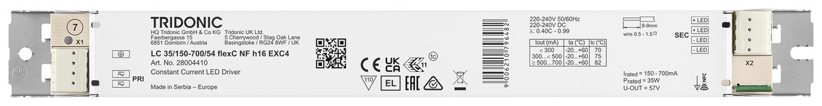 Alimentation LED Tridonic LC NFC EXC4 8.1…35W 15…54V 150…700mA 280×30×16.3mm