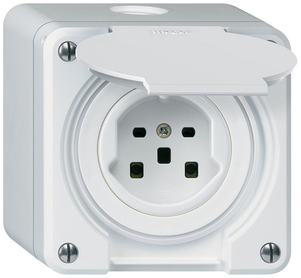 AP-Steckdose HA robusto Typ 25 mit Steckklemmen mit Klappdeckel weiss
