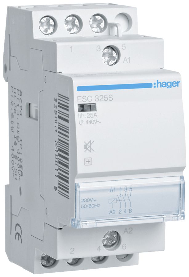 REG-Schütz Hager 230VAC 3 Schliesser 0 Öffner 25A brummfrei 2TE