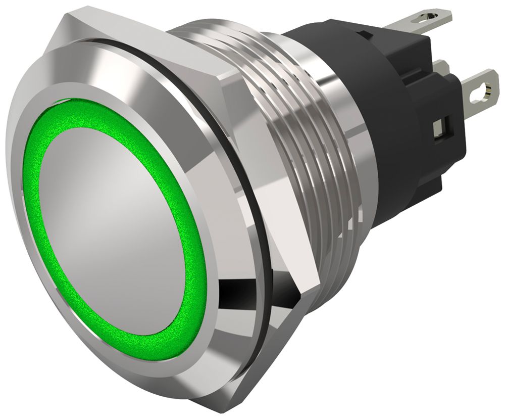 Leuchtdrucktaster EAO 82 1COM 24V Steckanschluss flach Ø22mm rastend grün