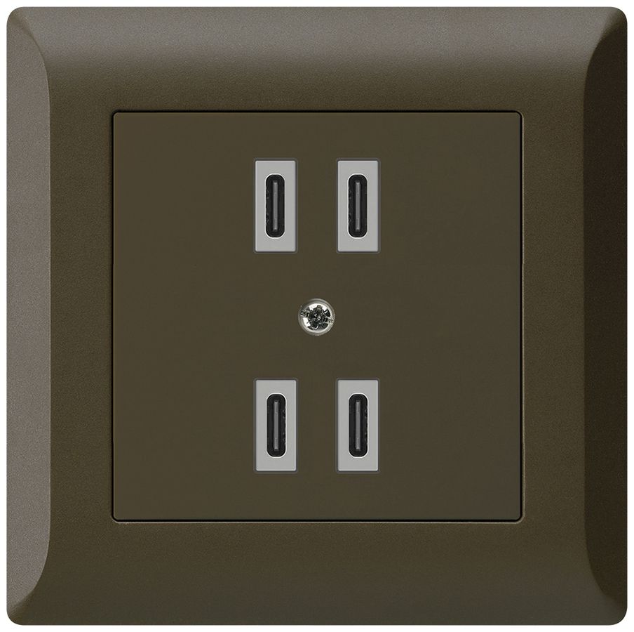 UP-USB-Ladesteckdose Hager kallysto.line 2×C-C 2×20W oder 4×10W 5V 92×92mm braun