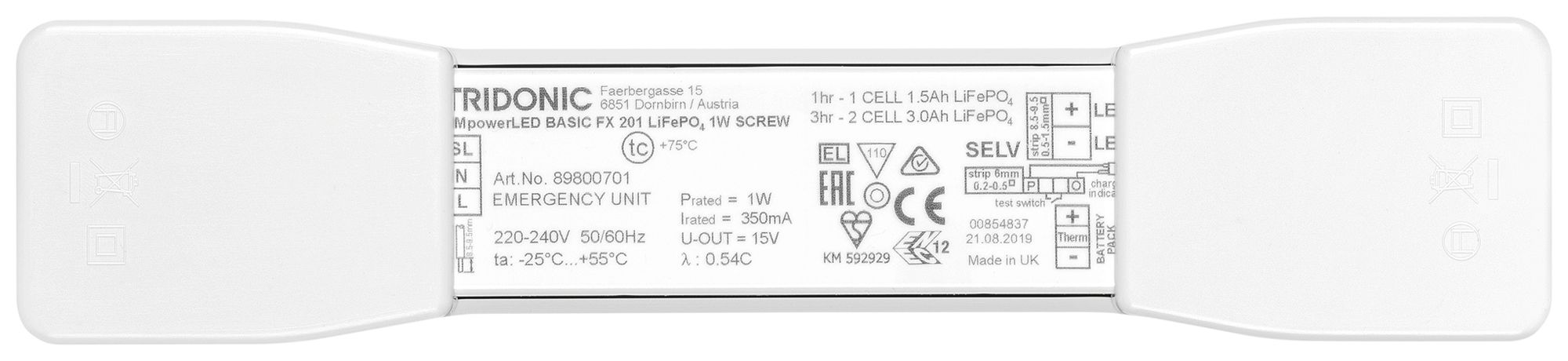 Décharge de traction Tridonic EM pLED SR 200×43×25.5mm blanc