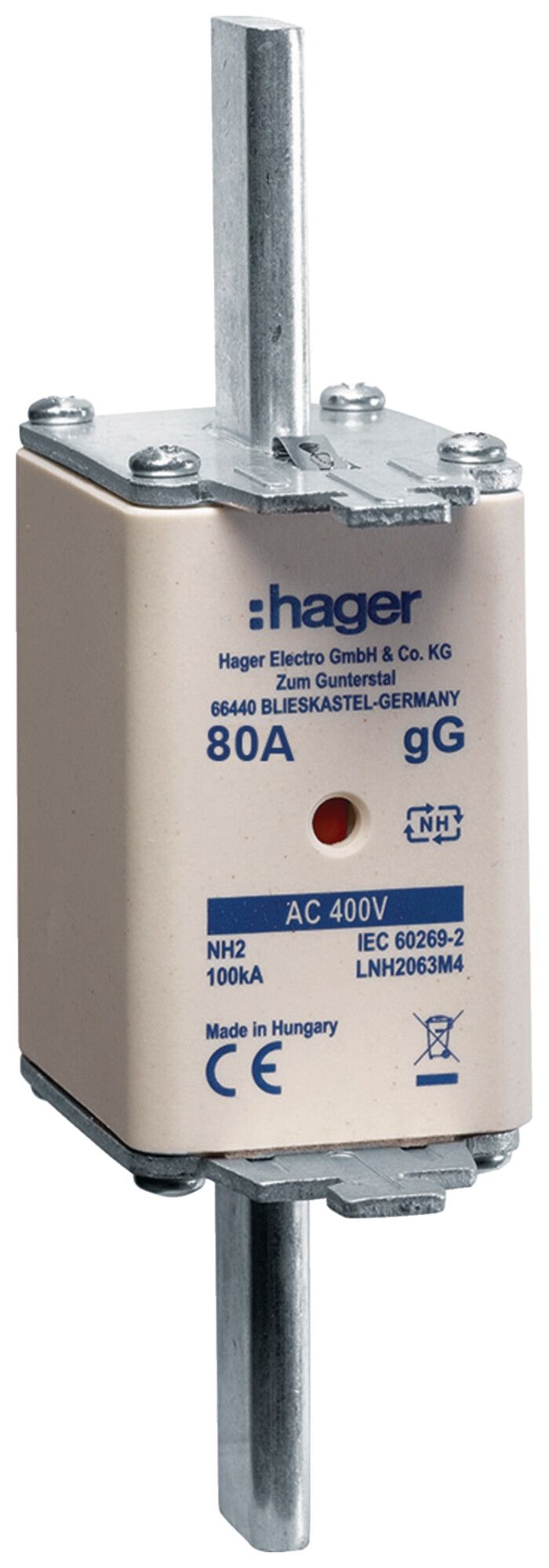 NH-Sicherung Hager DIN2c 400VAC 80A gG/gL Doppelkennmelder rostgeschützt