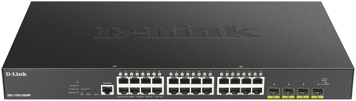Switch D-Link DGS-1250-28XMP/E, 28-Port smart managed Layer2/3 Gigabit PoE+