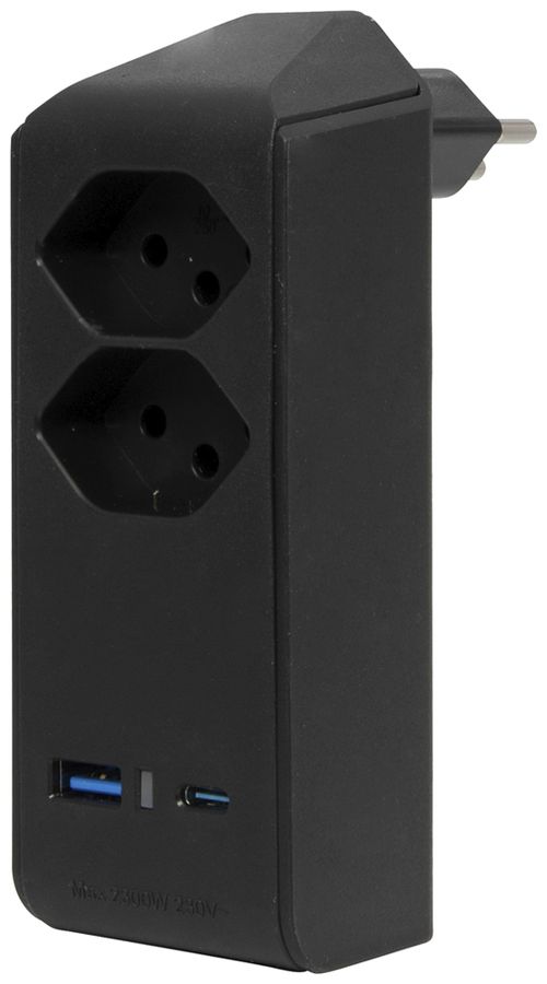 Abzweigstecker cleverLINE 2×T13 1×USB-A 1×USB-C 300° mit Aufhänger schwarz