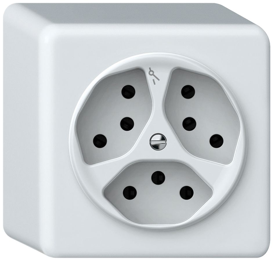 Prise AP origin 3×type 13 1×S 10A 230V 88×88×54mm blanc