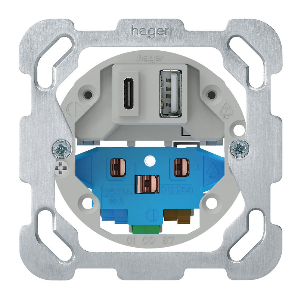 Intérieur prise charge USB ENC Hager 18W PD 1×type A 1×type C T13/23 plaque fix.
