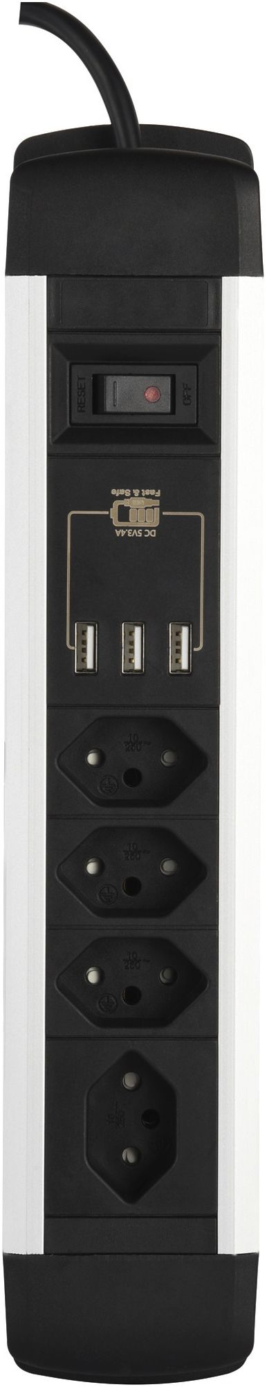 Prise multiple ALU 4×T13 3×USB-A 2.0m câble interrupteur noir/aluminium