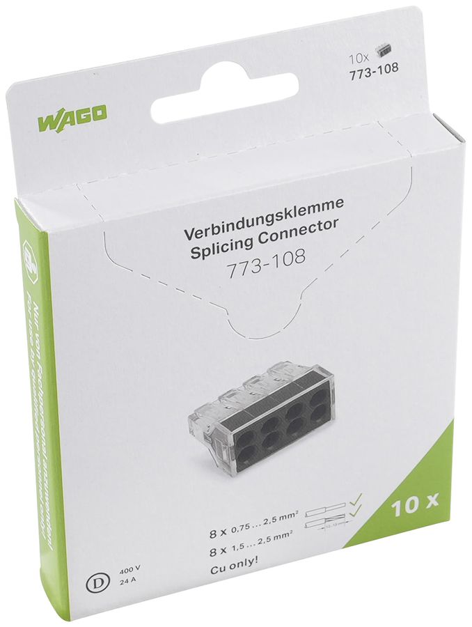 Borne de connexion WAGO 773-108 en blister 10 pièces 8L 0.75…2.5mm² 24A 450V