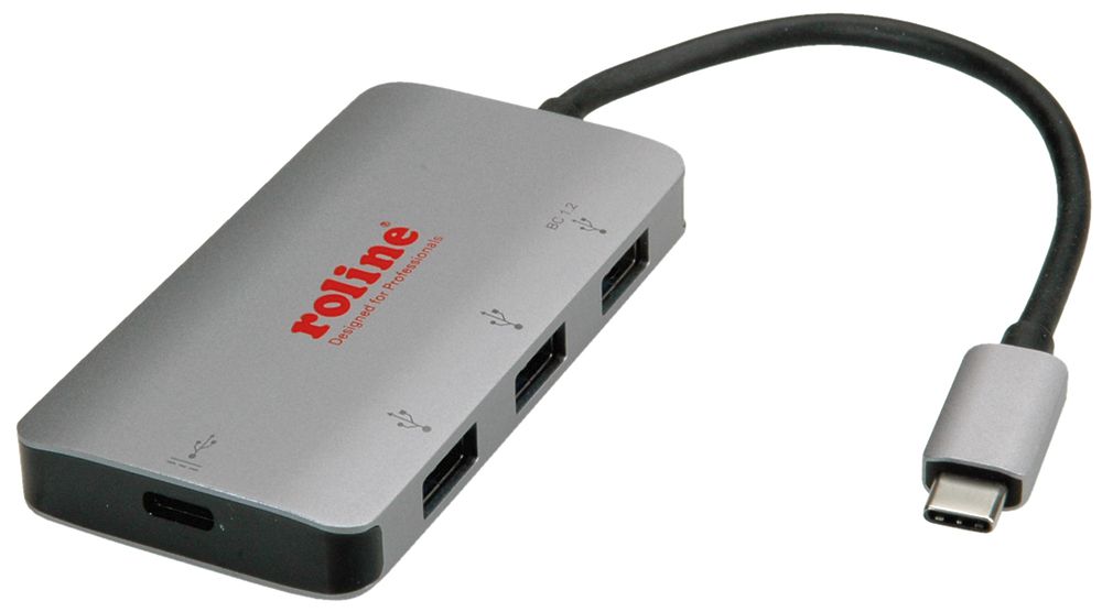 USB Hub ROLINE, USB-C → 3×USB-A (USB 3.2 Gen1), 1×USB-C PD, 5Gbit/s, alluminio
