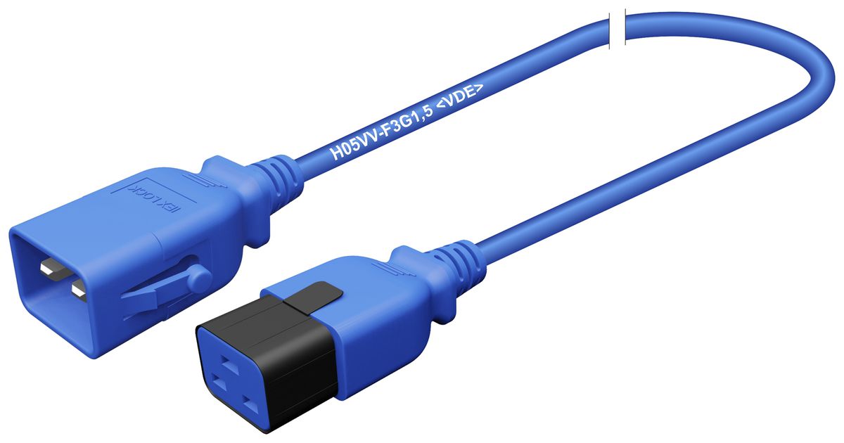 Apparatekabel Stecker C20 Buchse C19 verriegelt 3×1.5mm² 250VAC/16A blau 1m