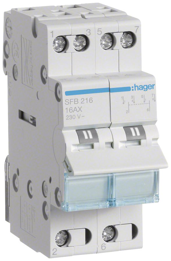 REG-Wechselschalter Hager SFB 16A 230V 0 Schliesser 0 Öffner 2 Wechsler 2TE