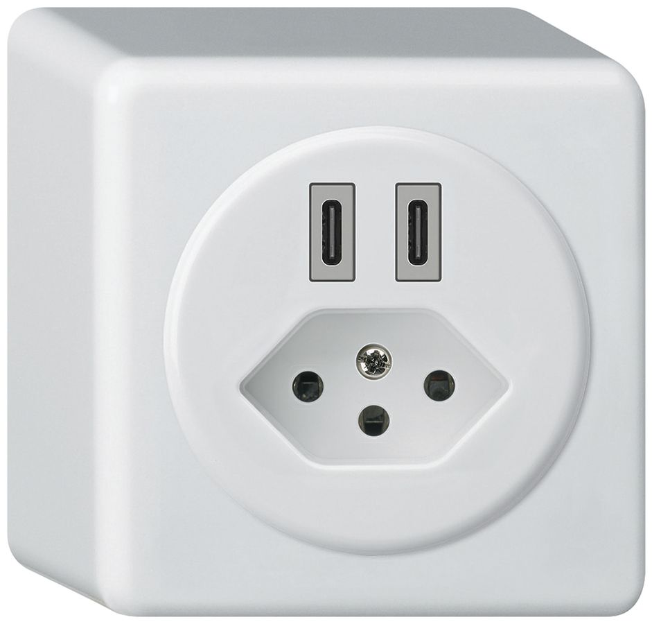 AP-USB-Ladesteckdose Hager basico C-C 20W+T13 5V 86×86mm weiss