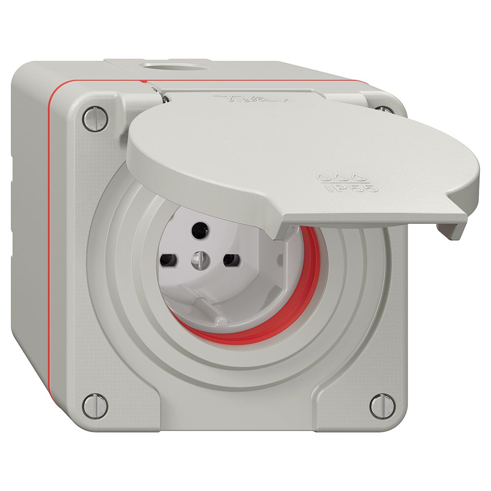 NAP-Steckdose NEVO, 1×T15, IP55 gemäss SN 441011, m.roter Dichtung, lichtgrau