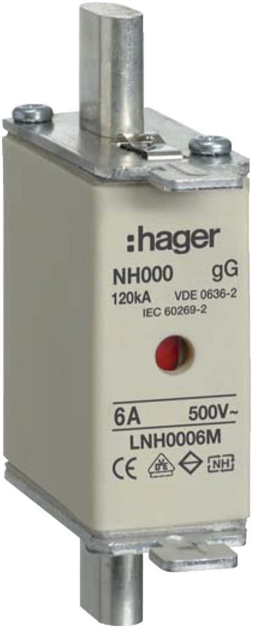 Fusible HPC Hager DIN000 500VAC 6A gG/gL avertisseur double antirouille